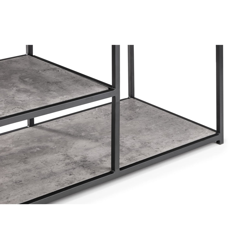 Modern metal bed frame with concrete-textured platform on a white background