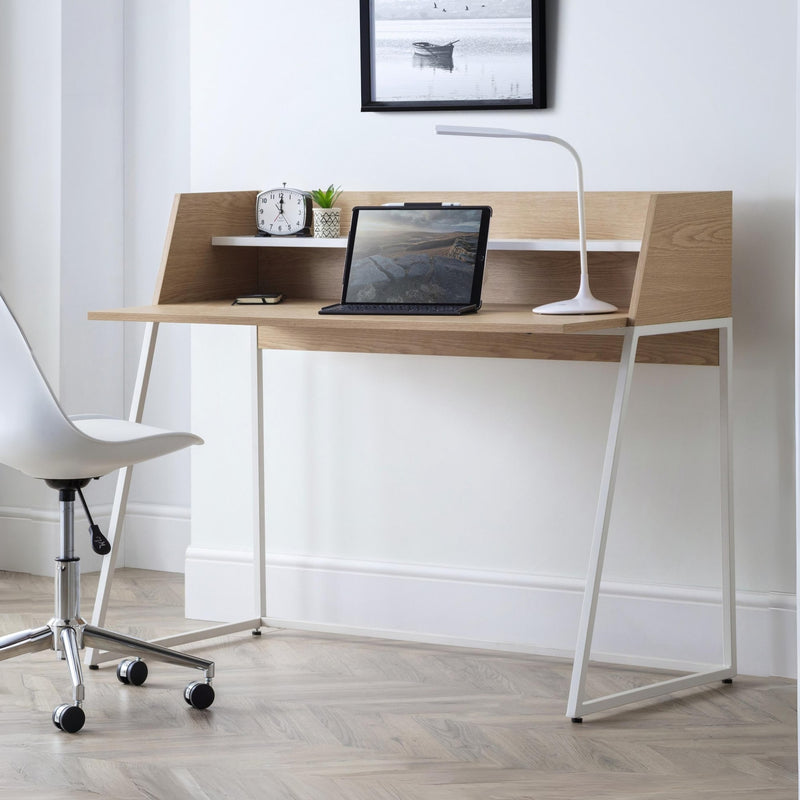 Modern wooden desk with white chair in a minimalistic room