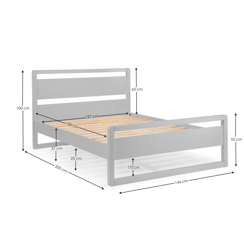 Gray bed frame with wooden slats and dimensions labeled on a white background