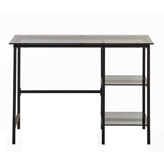 Small desk with a glass top and metal frame on a white background