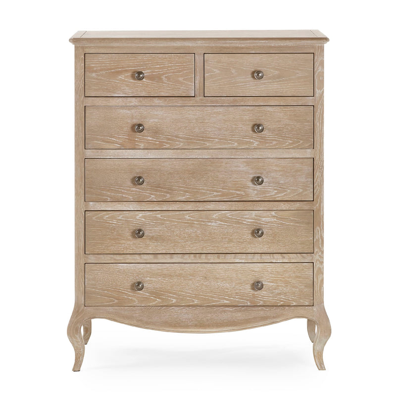 Wooden dresser with five drawers on a white background