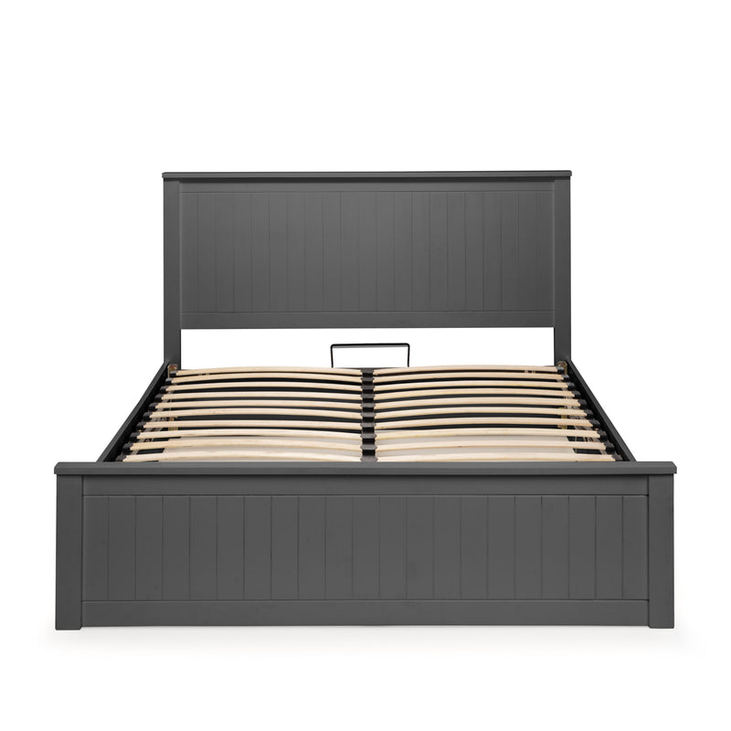 Dark gray wooden bed frame with slatted bed base on a white background