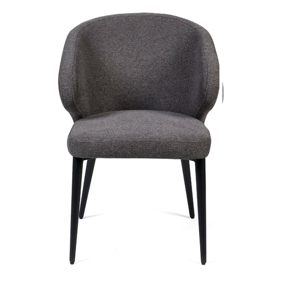Gray upholstered chair with black legs on a white background