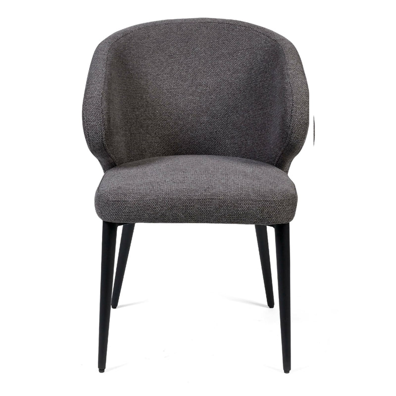 Gray upholstered chair with black legs on a white background