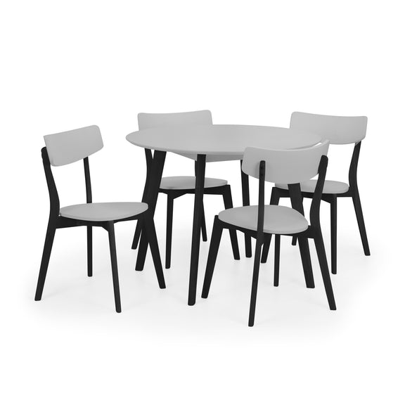 Dining table set with six chairs on a white background
