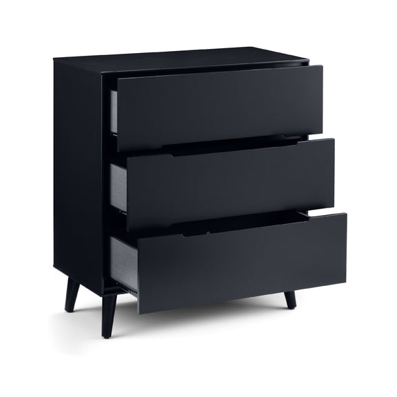 Black dresser with three drawers on a white background