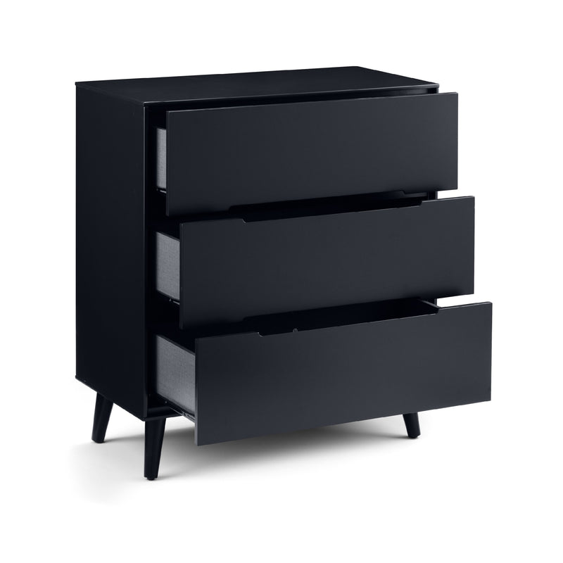 Black dresser with three drawers on a white background