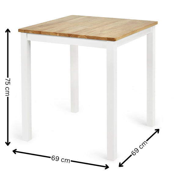 Small table with wooden top and white base, shown with dimensions on a white background
