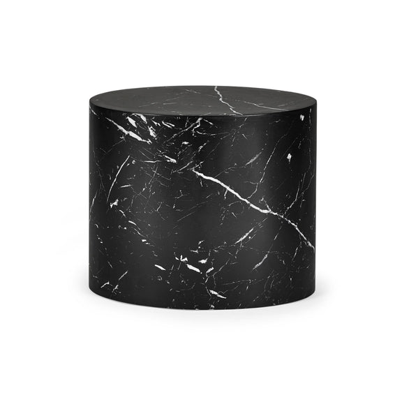 Black marble cylindrical side table on a white background