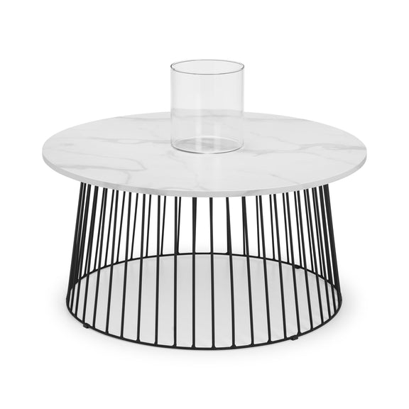 Modern coffee table with glass top and black metal base on a white background