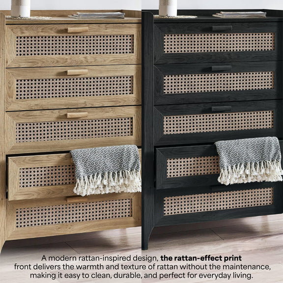 Natural oak and black 5 drawer chests with woven rattan drawer fronts