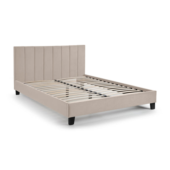 Beige bed frame with slatted design on a white background