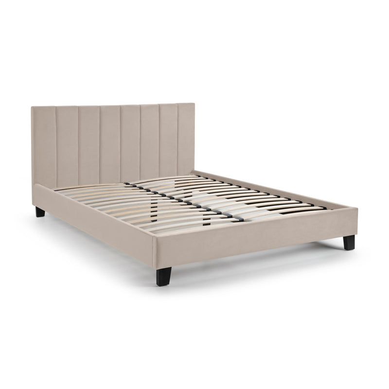 Beige bed frame with slatted design on a white background