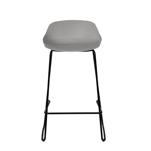 Bar stool with gray cushioned seat and black metal legs on a white background