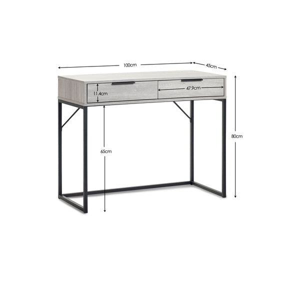 White desk with black metal legs and dimensions labeled on a white background