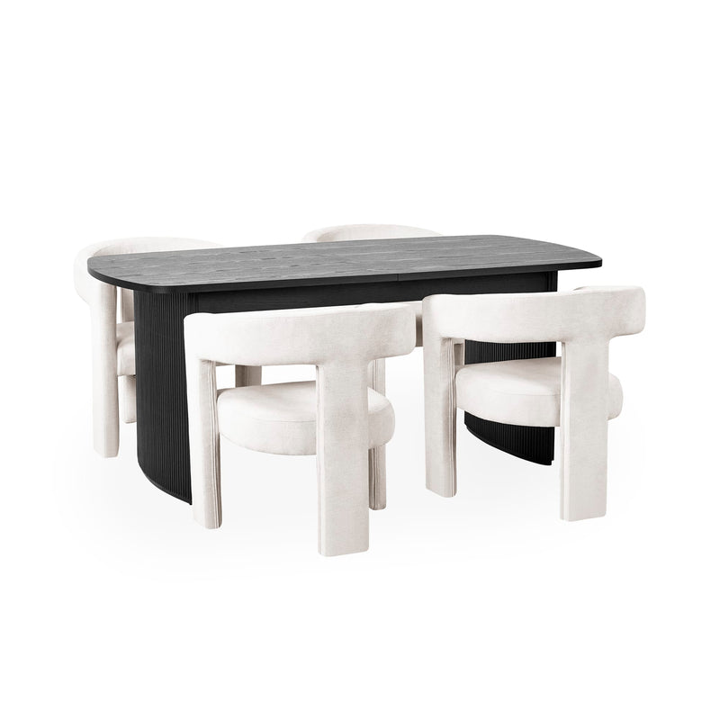 Black dining table with white chairs on a white background