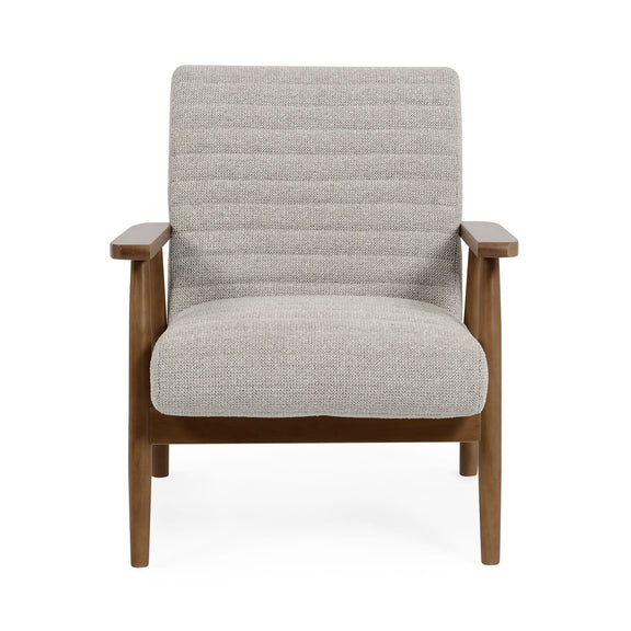 Gray upholstered armchair with wooden frame on a white background