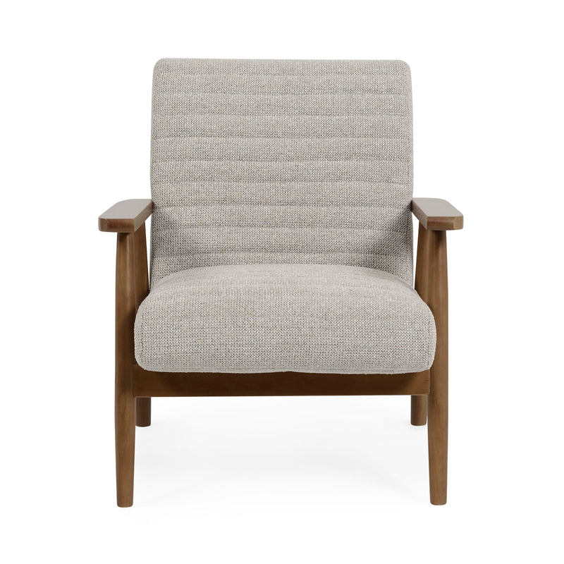 Gray upholstered armchair with wooden frame on a white background