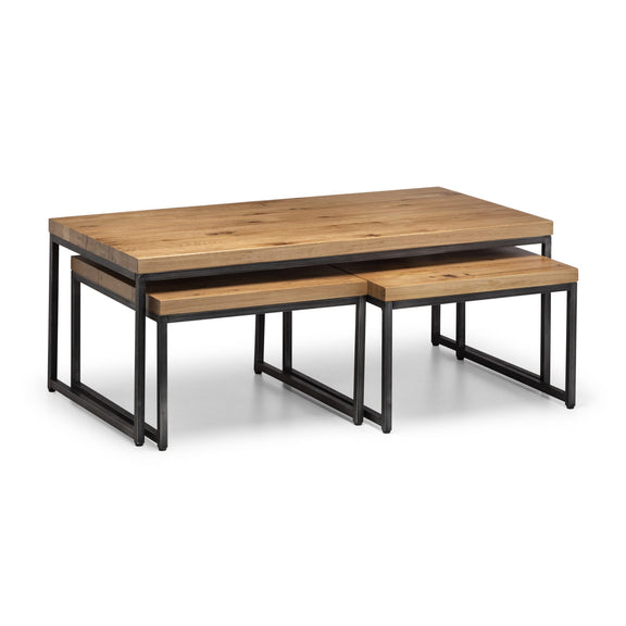 Set of two wooden tables with metal legs on a white background