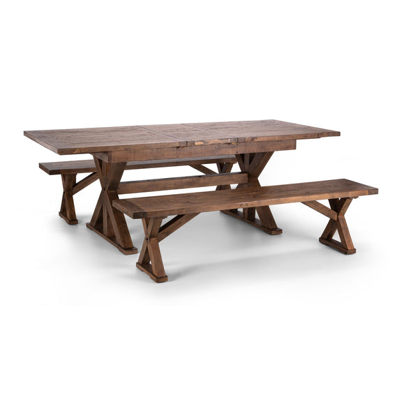 Wooden picnic table with benches on a white background