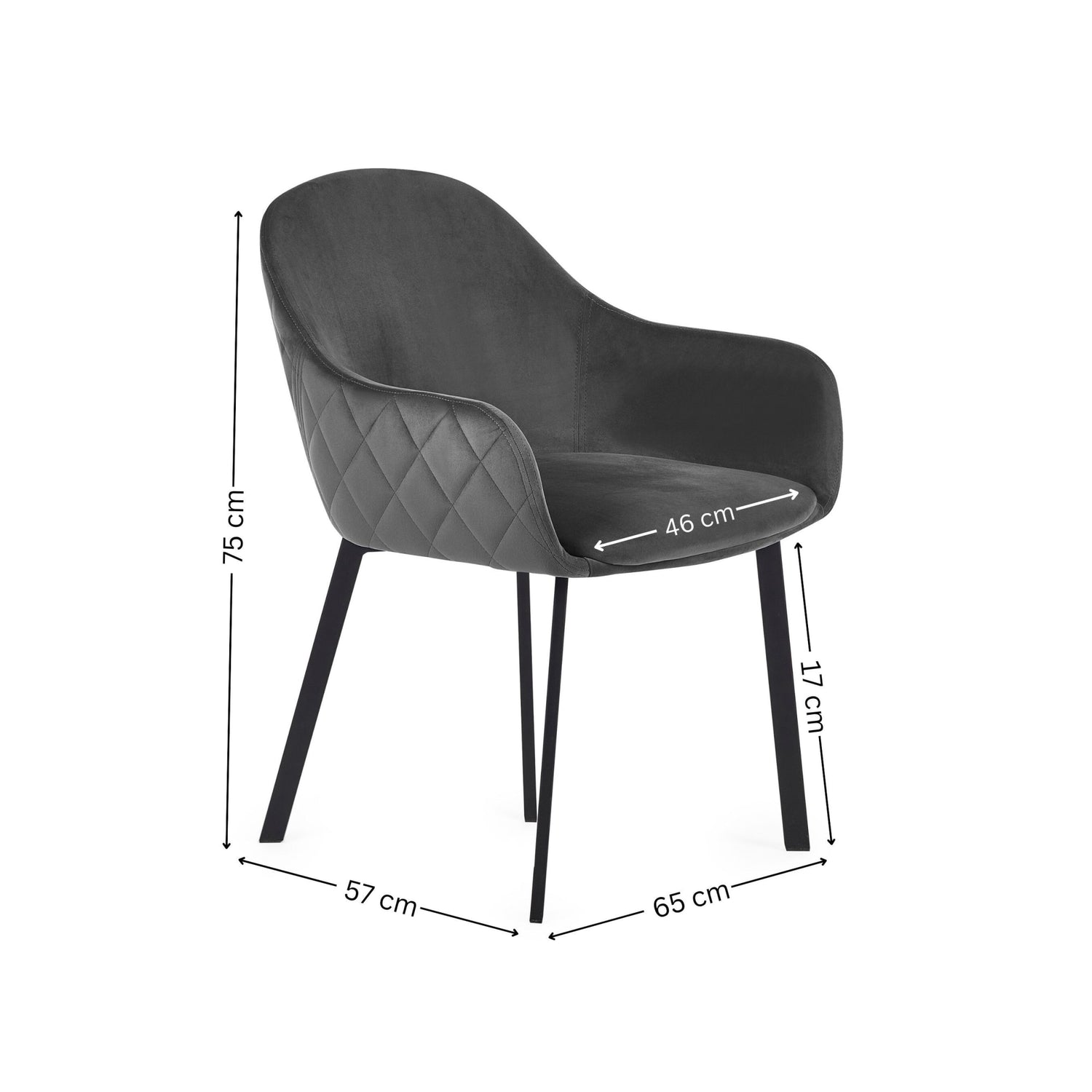 Black chair with dimensions labeled on a white background