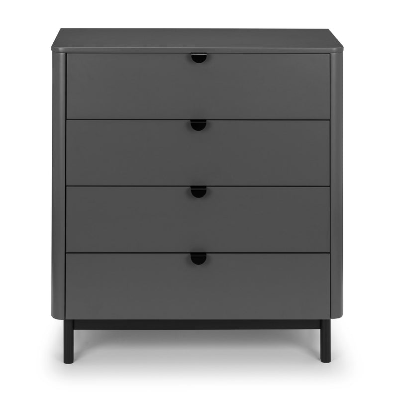 Gray dresser with four drawers on a white background