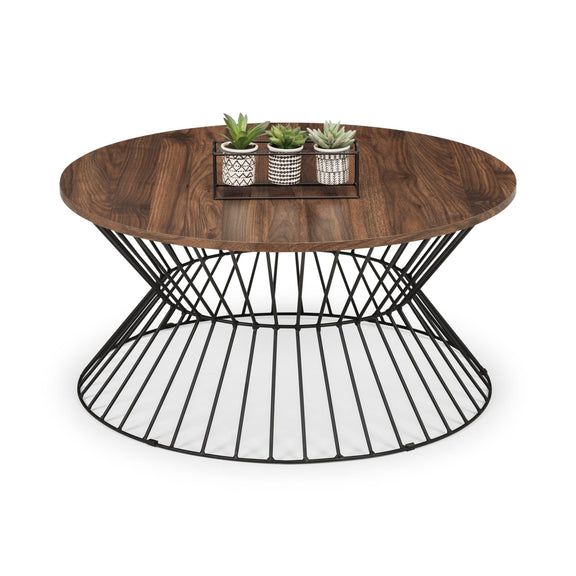 Wooden coffee table with black metal base on a white background