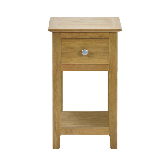 Wooden side table with a drawer on a white background