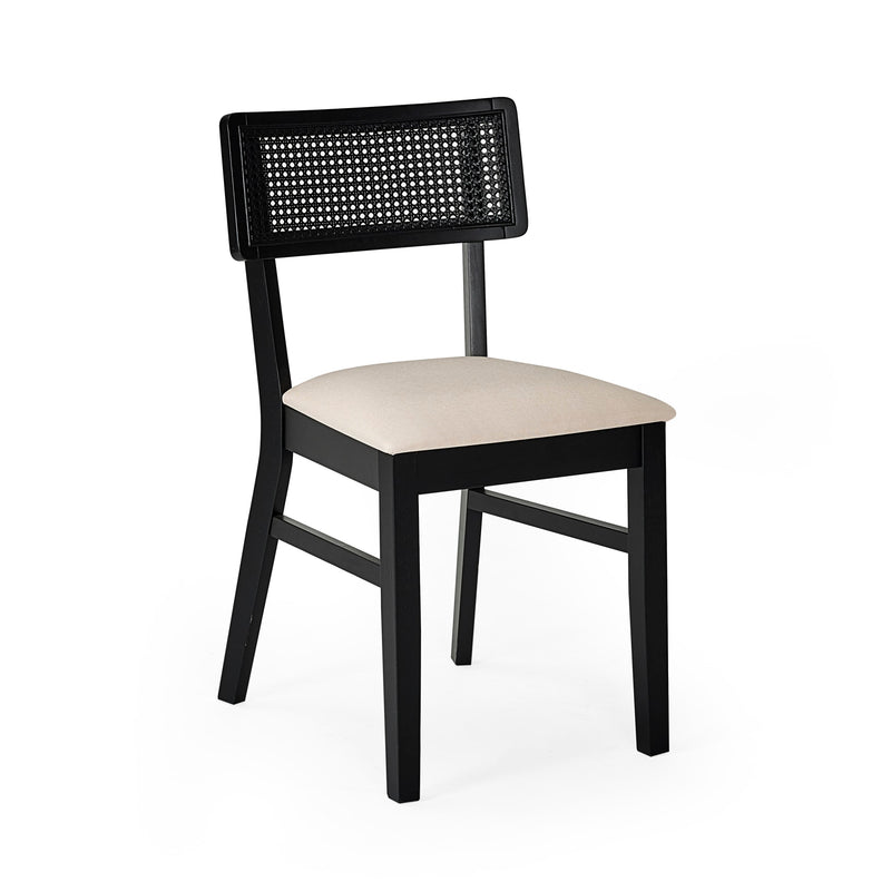 Black chair with a woven backrest and beige cushion on a white background