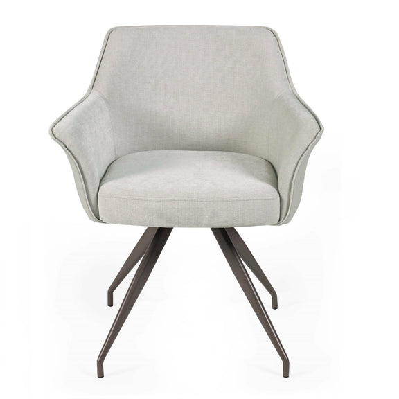 Gray upholstered chair with metal legs on a white background