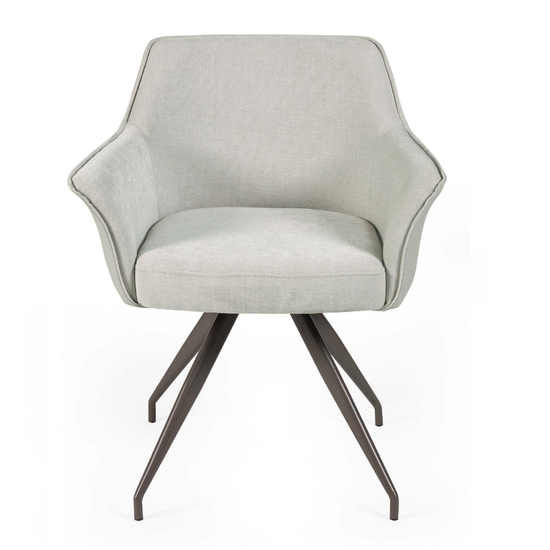Gray upholstered chair with metal legs on a white background