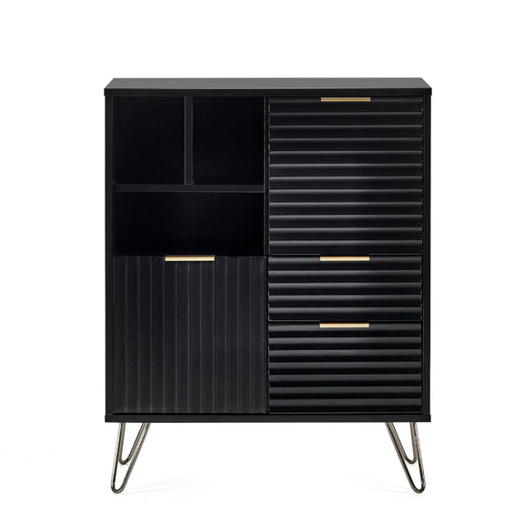 Black cabinet with ribbed design and metal legs on a white background
