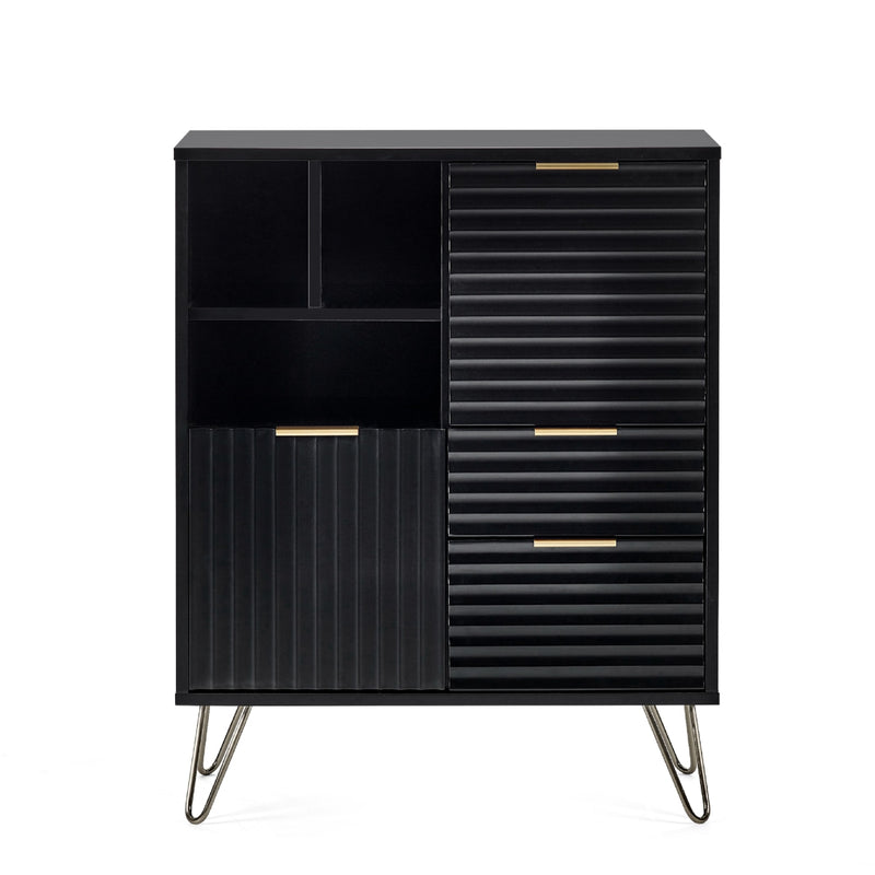 Black cabinet with ribbed design and metal legs on a white background