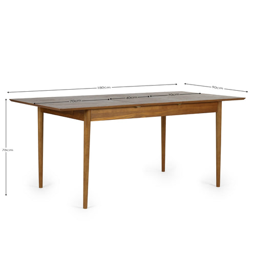Wooden dining table with dimensions marked on a white background