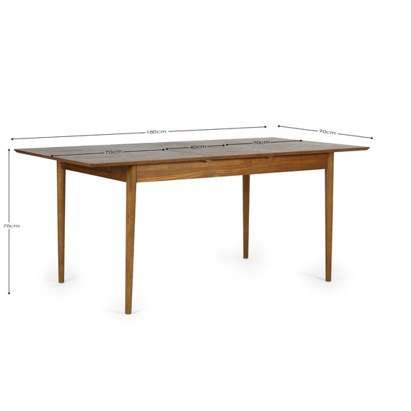 Wooden dining table with dimensions marked on a white background
