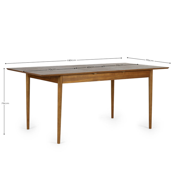 Wooden dining table with dimensions marked on a white background