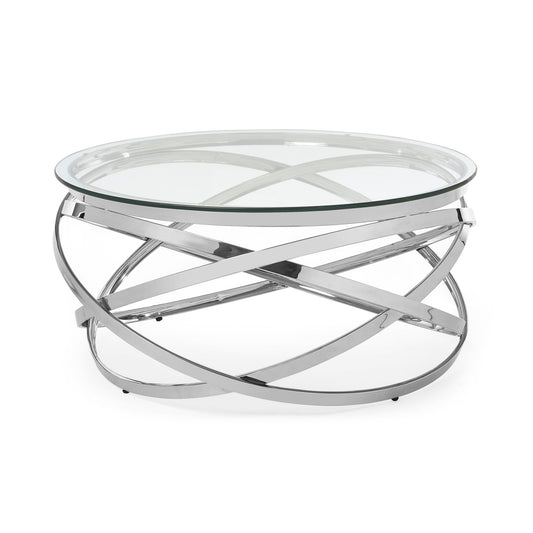 Modern coffee table with glass top and chrome metal base on a white background
