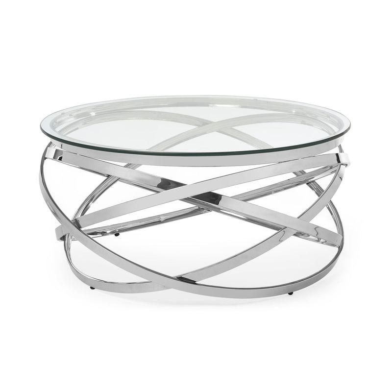 Modern coffee table with glass top and chrome metal base on a white background