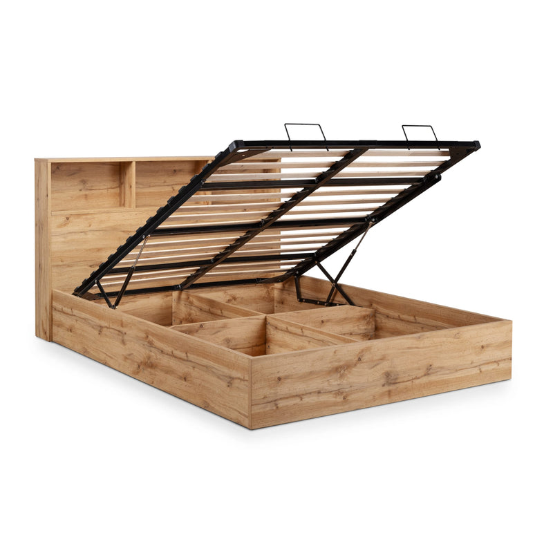 Wooden bed frame with black metal storage drawers on a white background
