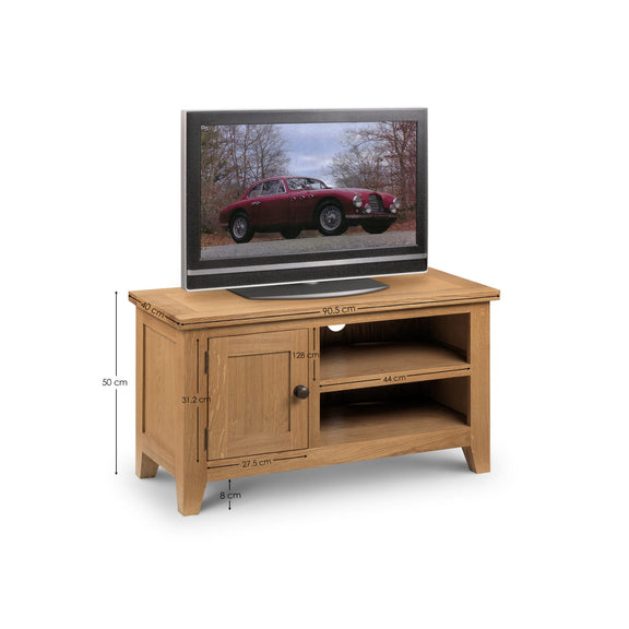 Wooden TV stand with a television displaying a car on a white background