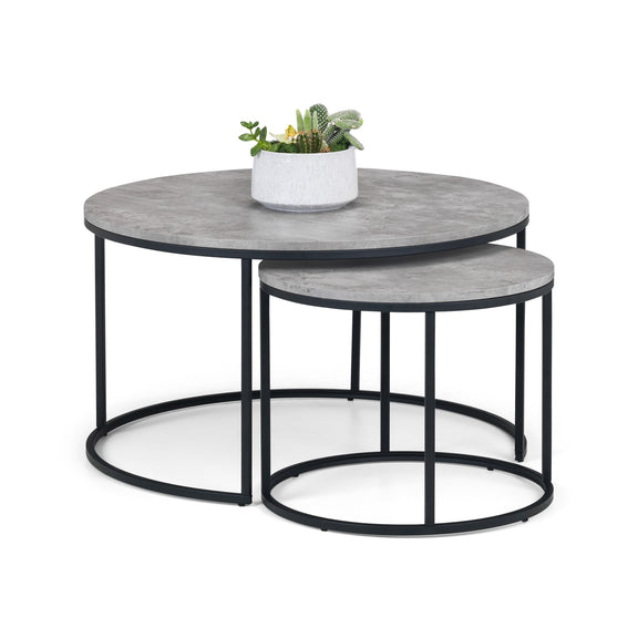 Set of two round coffee tables with gray marble tops and black metal frames on a white background.