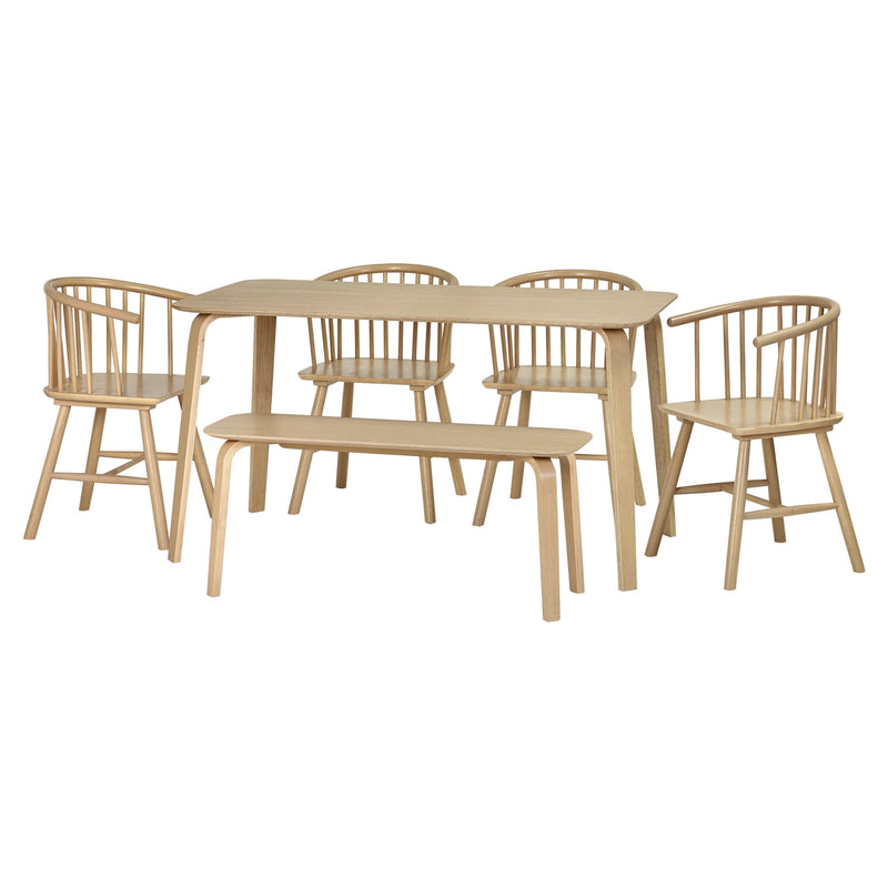 Beige dining table set with four chairs and a bench on a white background