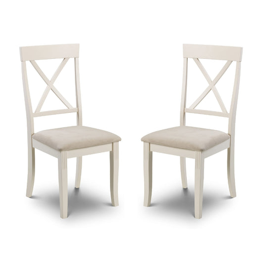 Two white chairs with beige seats on a white background