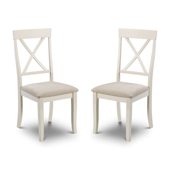 Two white chairs with beige seats on a white background