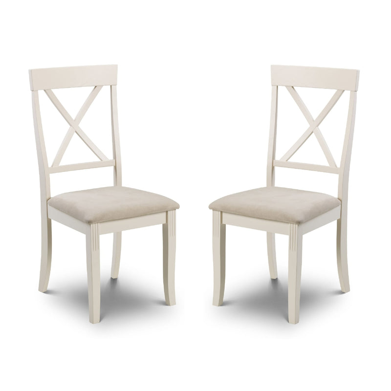 Two white chairs with beige seats on a white background
