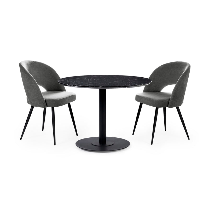 Round black table with two gray chairs on a white background
