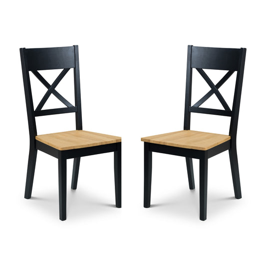 Two black chairs with wooden seats on a white background
