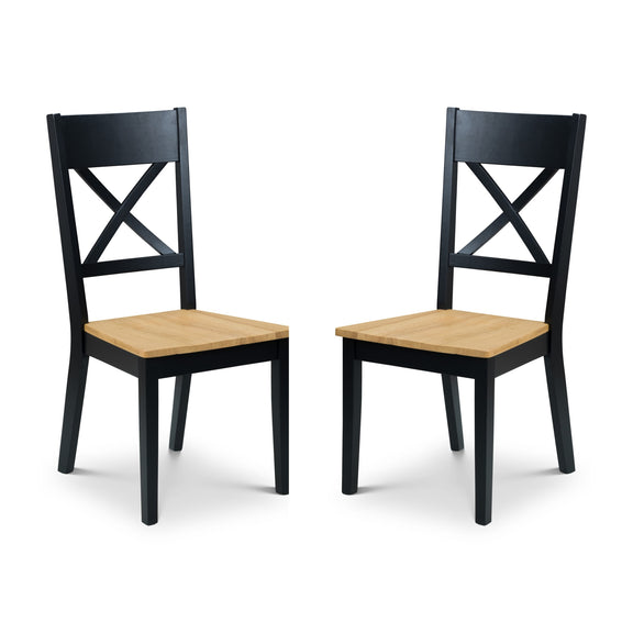 Two black chairs with wooden seats on a white background