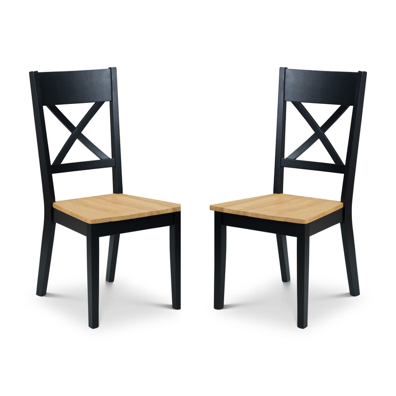 Two black chairs with wooden seats on a white background