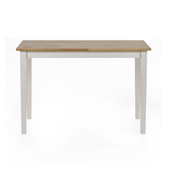 Rectangular table with wooden top and white base on a white background